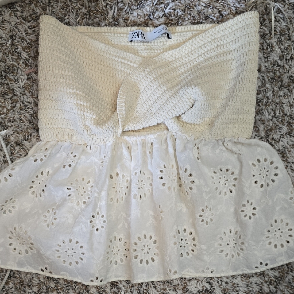 Zara Cream Crochet Twist Peplum Eyelet Top